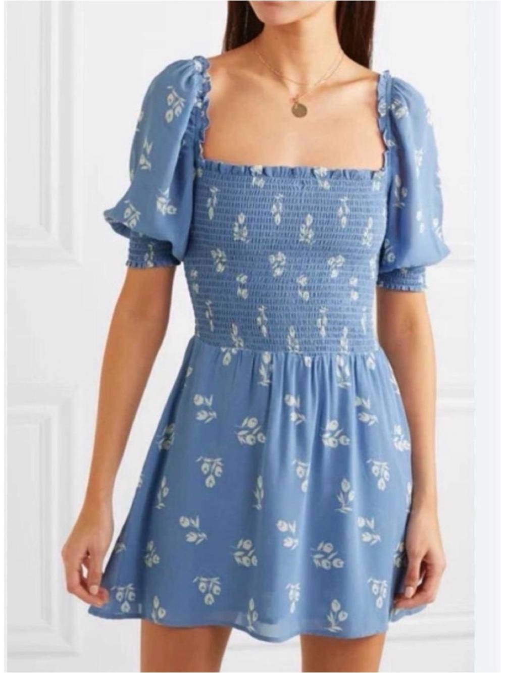 Reformation Elle Shirred Floral-Print Georgette Mini Dress